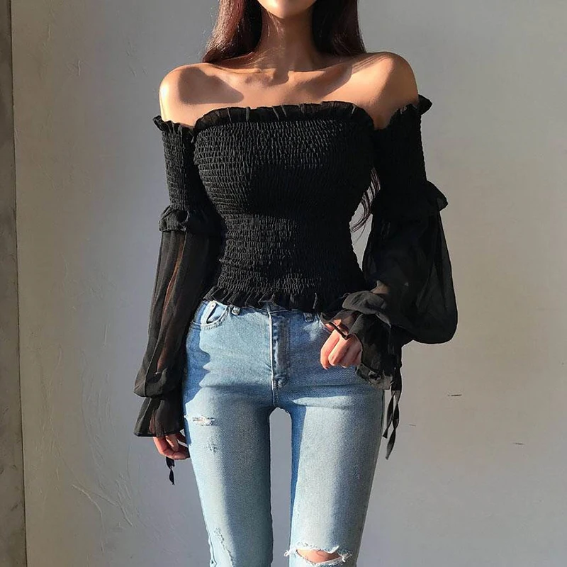 

Solid Color Pleated Bow Fashion Women Ladies Long Sleeve Off Shoulder Cropped Tops Blouse Shirt Lace Up Corset