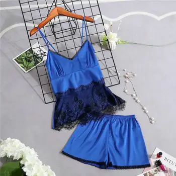 

Sexy Women Satin Lace Pajama Set Sleeveless Top Shorts Nightwear Set Fashion Solid Sleepwear Satynowa Pizama 2019 Hot Sale E