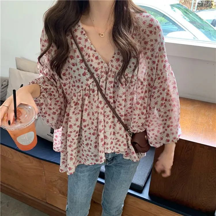 V-neck Chiffon Shirt Women Sweet Tops Blouse 2022 Spring New Korean Floral Print Long Sleeve Casual Loose Slim Lady Clothes 9307