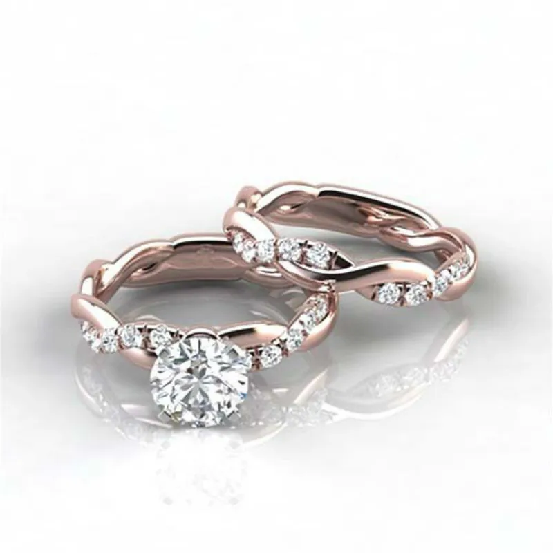 

CHUHAN Fashion Trendy Cute Romantic Crystal Rose Gold Ring for Women Zircon Engagement Wedding 2pc/set 2 In 1 Ring Jewelry