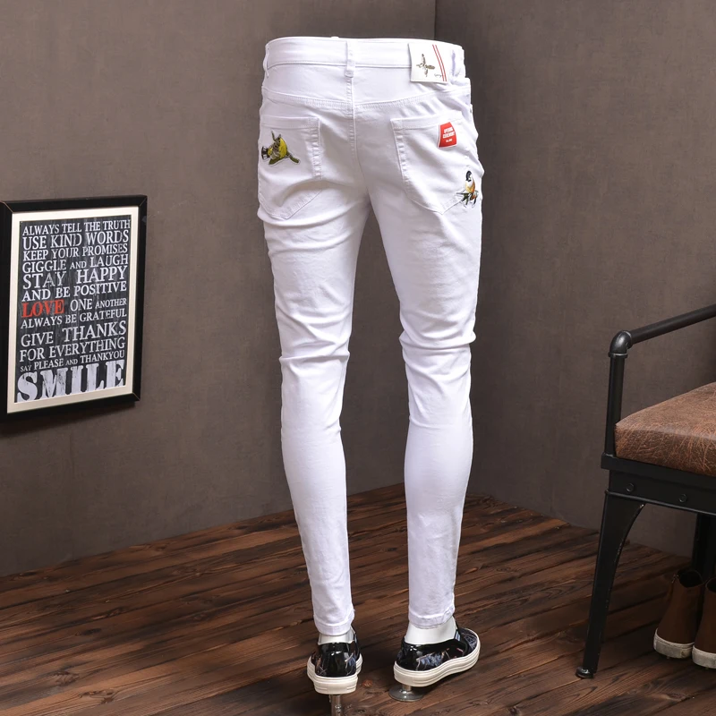Fashion Mens Skinny Jeans Elastic White Streetwear Bird Embroidery Jean Pants for Cowboys Men PSMJ86 Fashion Mens Skinny Jeans Elastic White Streetwear Bird Embroidery Jean Pants for Cowboys Men PSMJ86