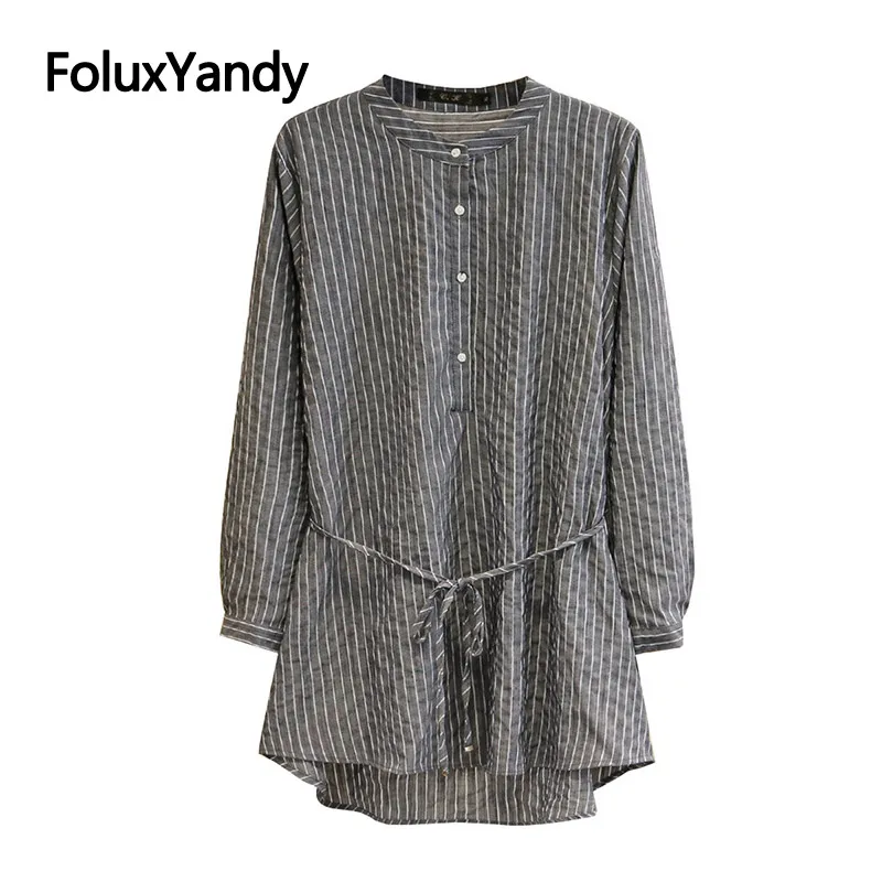 

Gray Striped Shirts Women Long Blouses Plus Size Casual Slim O-neck Long Sleeve Blouse Shirt SWM1385