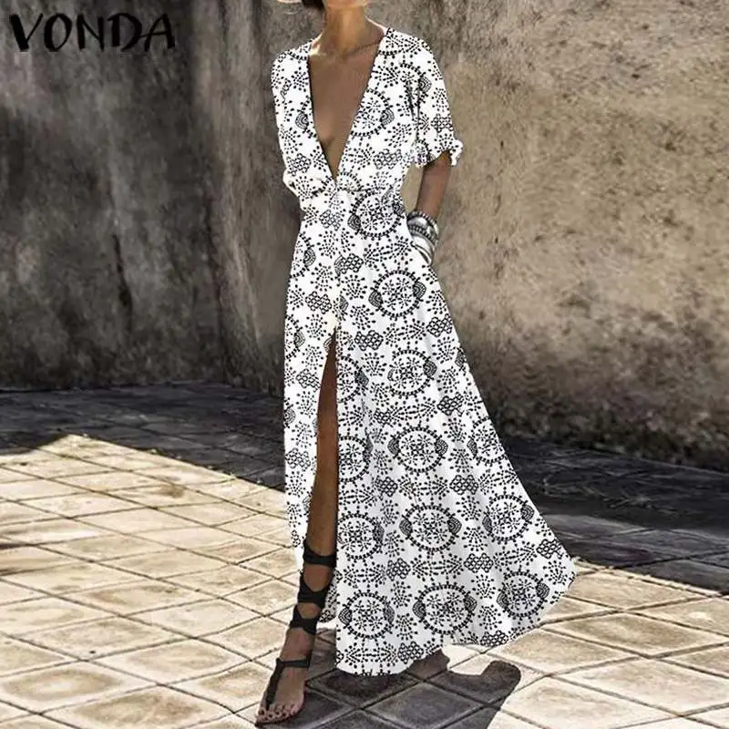 

VONDA 2019 Plus Size Bohemian Printed Dress Sexy Woman Summer Split Hem Short Sleeve Long Robe Casual Loose Party Beach Vestidos