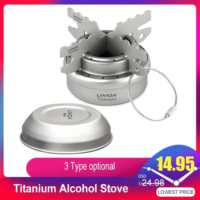 Details about / Camping Titanium Alcohol Stove Outdoor Portable Cooking Burner w//Lid Cross Stand