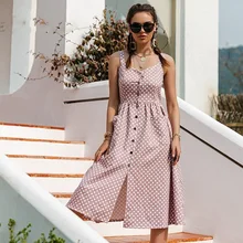 Simplee – robe mi longue à pois, décontractée, sans manches, style vacances, taille haute, boutonnée, mode femmes, robes d'été, nouvelle collection