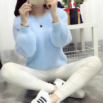 Cena Aihuyigui 2019 jesień zima kobiety swetry różowy biały sweter moherowy o neck luźne latarnia rękaw cukierki kolor sweter Tb105