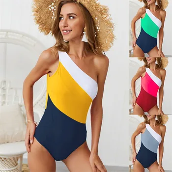 

Summer Swimwear One Piece Womens High Waist Bikini Padded Patchwork One Shoulder Swimsuit Bathing Suits Bodysuit Monokini
