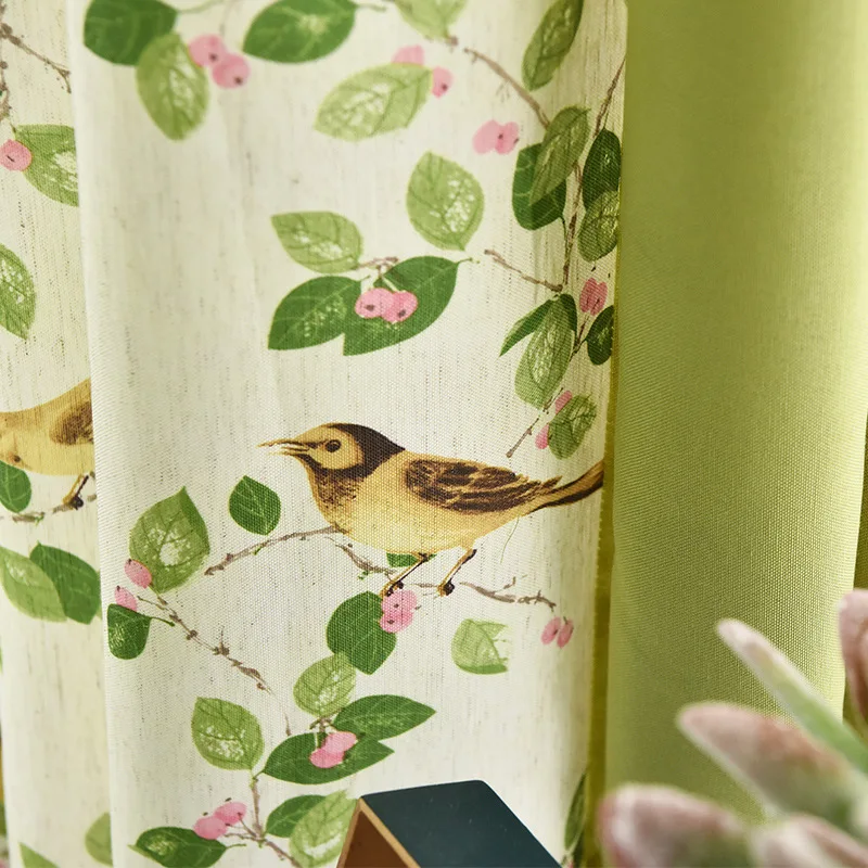 

Little Bird Green Leaf Printing Curtains for Living Room Bedroom Balcony Thick Linen Fabric Modern Fresh and Simple Curtains