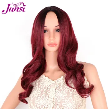 

JUNSI 18-inches Red Big Wavy Long Curly Hair Fashion Popular Wig For Women High Temperature Fiber Curly Synthetic Wig