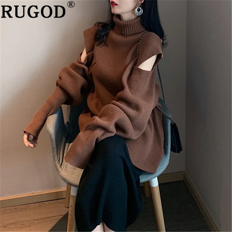 Женский вязаный свитер RUGOD Однотонный с открытыми плечами и высоким воротником в