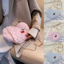 Модная Наплечная Сумка в форме сердца, Женская однотонная плюшевая сумка-мессенджер, сумки через плечо для девочек, милый розовый кошелек на молнии для телефона