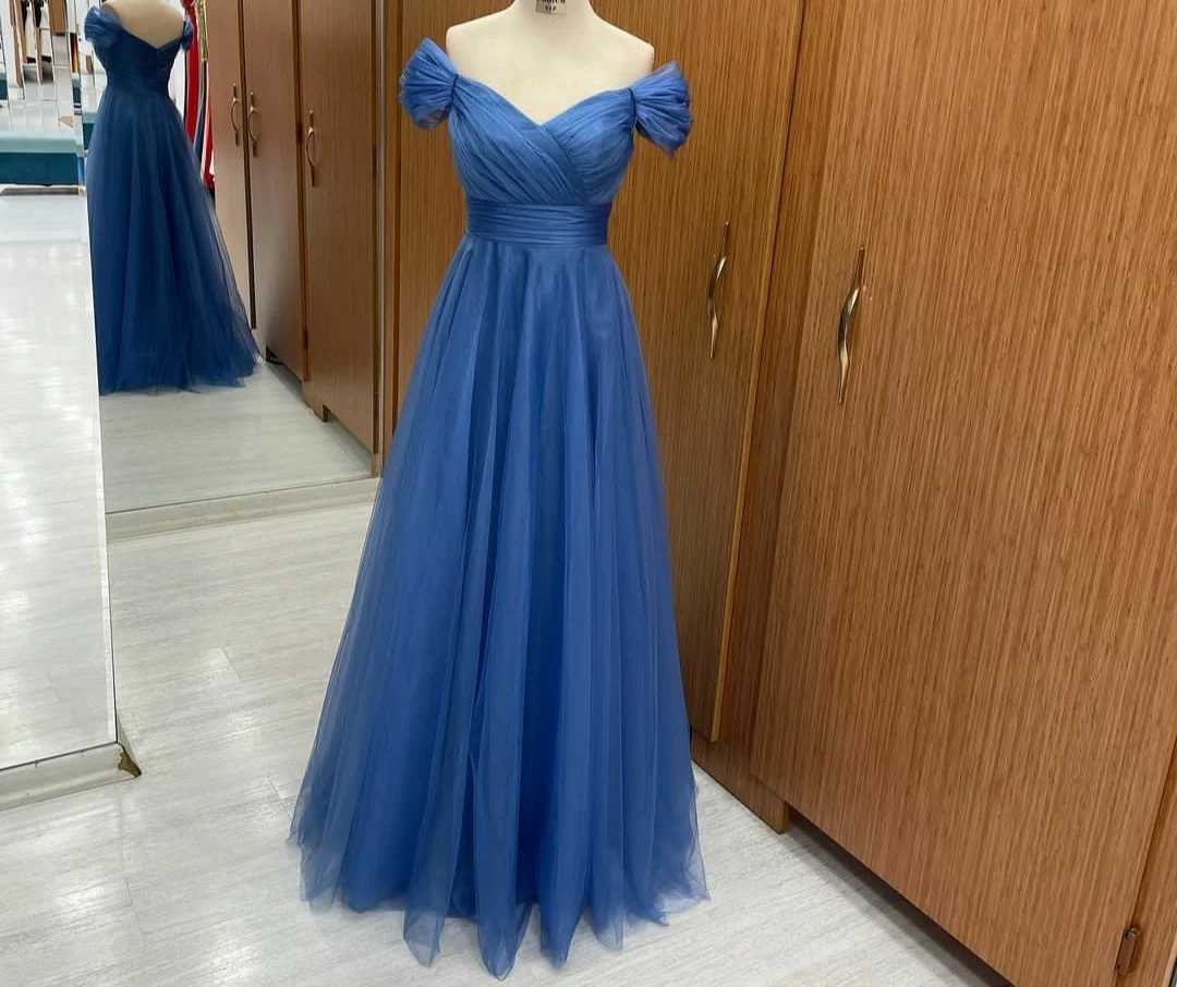 

Elegant Long V-Neck Blue Tulle Evening Dresses A-Line Floor Length Corset Back Off Shoulder Formal Party Dress for Women