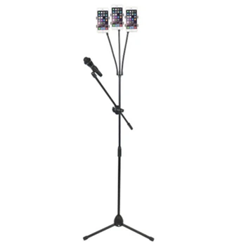 

New Hot Live Streaming Tripod Selfie Stand with 3 Mobile Phone Holder and Microphone Holder for Photography Video