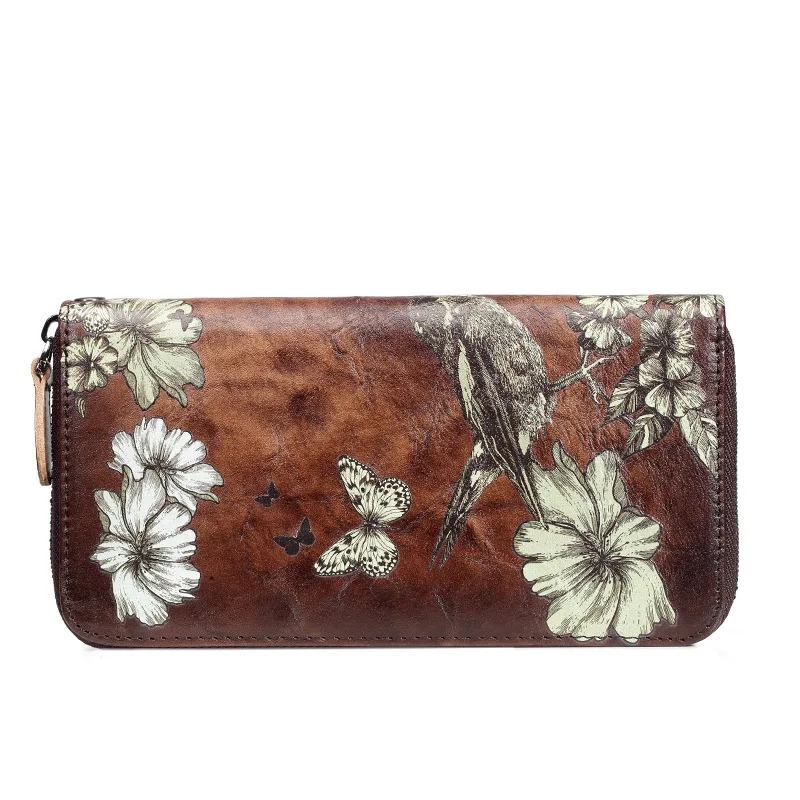 Retro brown GO-LUCK, брендовый кошелек-клатч из натуральной кожи на ремешке, на молнии, Женский чехол для сотового телефона, держатель для карт, чехол для карт, Женский кошелек с цветочным рисунком - Цвет: Retro brown