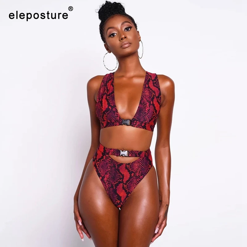 

2020 Sexy Snakeskin Print Bikini Women High Waist Swimsuit Hollow Out Swimwear Deep V Bikini Set Bathing Suits Summer Beach Wear