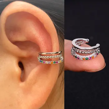 할로우 기하학 레인보우 CZ 커프 랩 클립 온 귀걸이, 여성 소녀 등산가, 귀 연골 뼈 클립, 피어싱 방지 가짜 귀걸이, 1 개