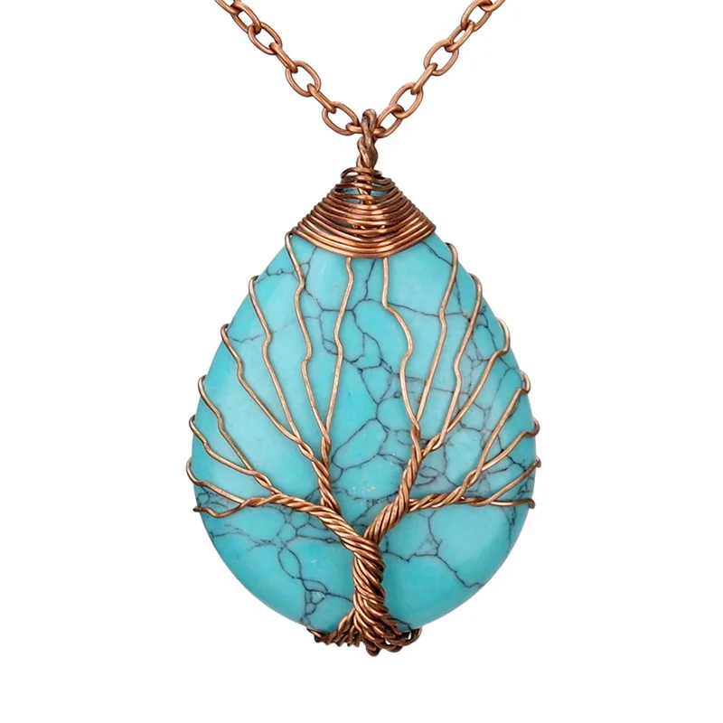Turquoise-A Серебряный цвет Дерево жизни Ожерелье Подвеска проволока обертывание натуральный драгоценный камень розовый с кварцевым тигровым глазом зеленый авантюрин подвеска ювелирные изделия - Окраска металла: Turquoise-A