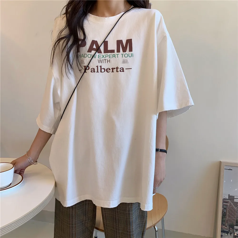 Letter Print Summer T-shirts Women Korean Style Casual Streetwear Vintage Harajuku T shirt Loose Cotton Tops Tees Plus Size X053
