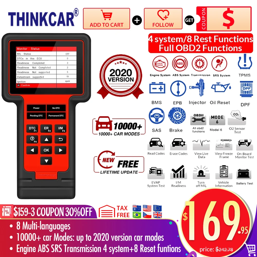 Thinkcar TS609 OBD2 Scanner Engine ABS SRS Transmission Diagnostic tool ThinkScan 609 code reader scanner with 8 reset Function