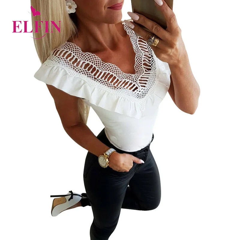 

2019 Summer V Neck Ruffles Lace Patchwork Elegant Office Ladies Tops White Women T-shirt SJ3797R