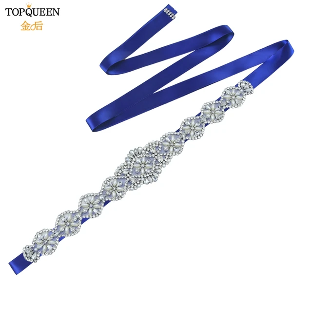 TOPQUEEN S161 Bridal Belts Wedding Women Jewelry Silver Rhinestone Pearl Crystal for Sparkly Party Formal Dress Diamond Sash Royal Blue Ribbon