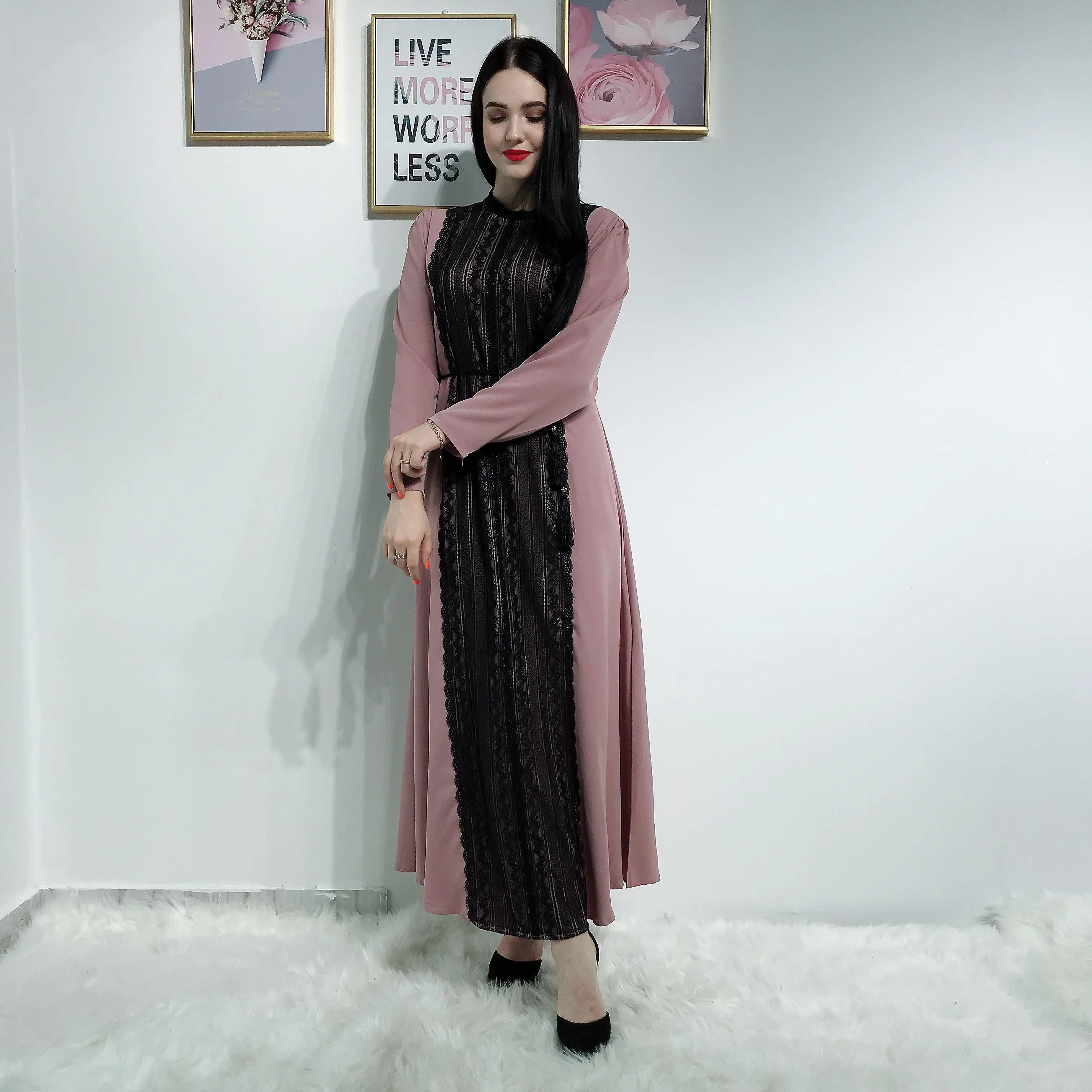 Дубай Абая, для мусульман Для женщин кружевное длинное платье Кафтан Вечернее платье исламское Костюмы с длинным рукавом арабских Рамадан