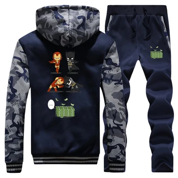 

2019 Winter New Billionaires Iron Man And Batman Cartoon Jacket Sportswear Mens Hoodie Camouflage Coat Thick+Pants 2 Piece Set