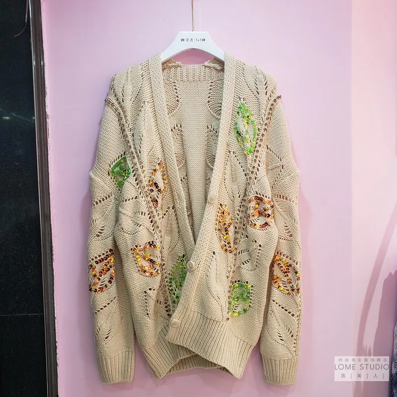 

Women Sequin Beaded Knitted Sweater Spring Autumn New Korean Long Sleeve Single Breasted Fashion Loose Cardigan Jumper Femme