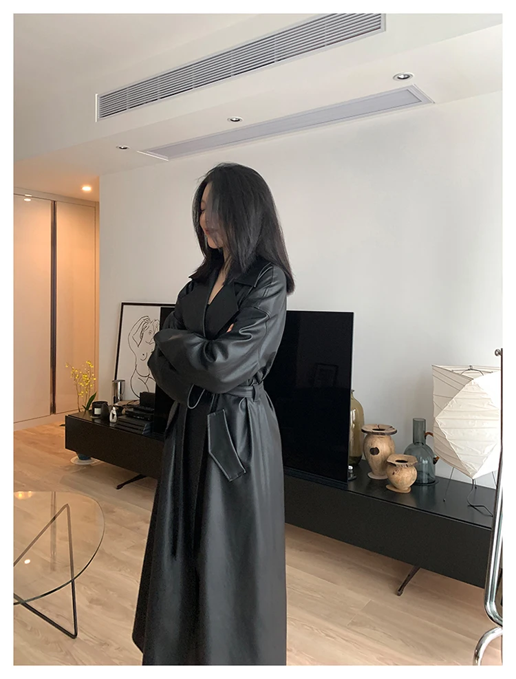 Lautaro Spring Autumn Long Oversized Black Leather Trench Coat for Women Sashes Single Button Loose Stylish Korean Fashion 2021 black parka