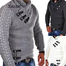 Men's Sweater Fashion Solid Color Leather Buckle Stitching Long Sleeve Slim Sweaters For Men Autumn Winter Male Knitted Pullover