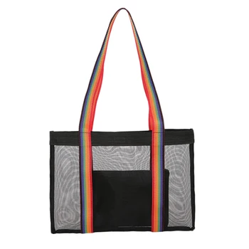 

Rainbow Shoulder Strap Mesh Bag Transparent Mother Shoulder Bag Portable Beach Large Capacity Shopping Bag Black Cross
