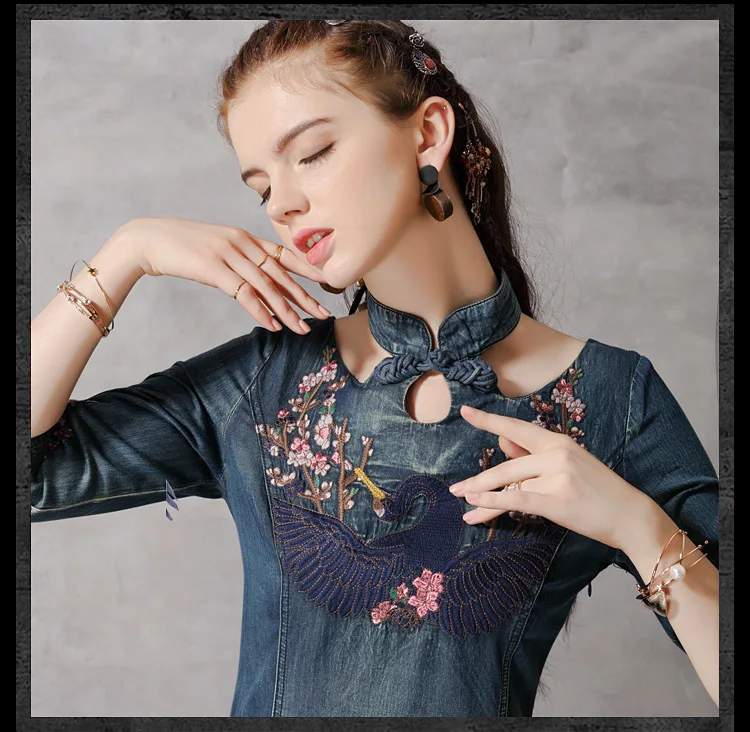 Ранняя осень стиль приталенная джинсовая юбка Cheongsam ретро вышитая рубашка с коротким рукавом платье Женская 82137