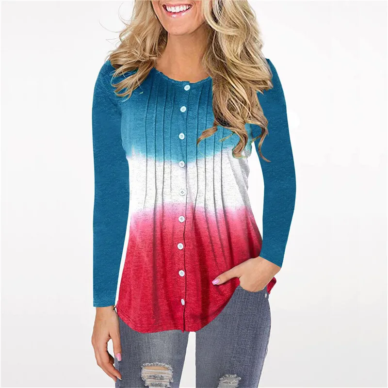 

2019 Cotton Women autumn O Neck Cardigan Long Sleeve T shirt Loose Leisure Gradient feminina Tee Female Tops Plus Size S-5XL