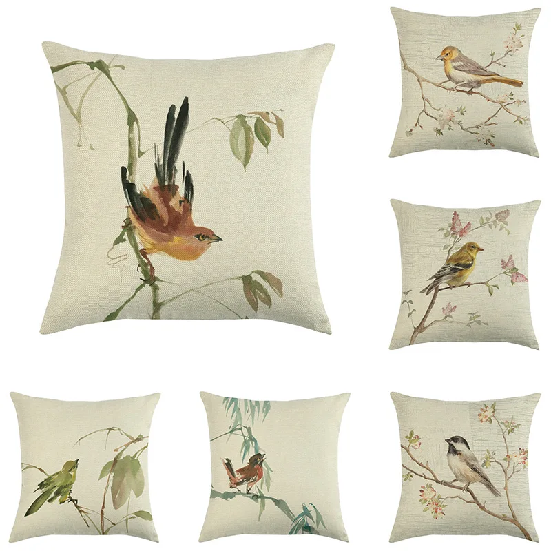 Льняная винтажная наволочка американского кантри украшение рисунок птицы чехол