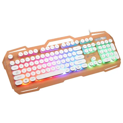 Gold keyboard Металлическая панель, Механическая игровая Проводная клавиатура с мышью, набор, круглая клавиша, ретро геймерская клавиша, светодиодный, игровая мышь, мультимедийная кнопка - Цвет: Gold keyboard