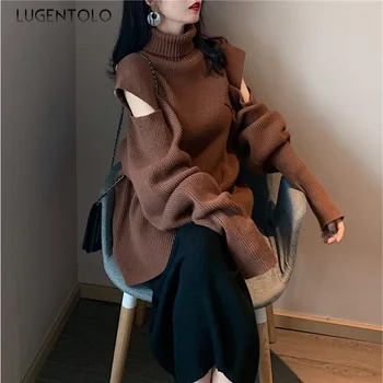

Lugentolo Turtleneck Sweater Autumn Fashion Korean Small Off Shoulder Long Sleeve Loose Adjustable Turtleneck Knit Sweater