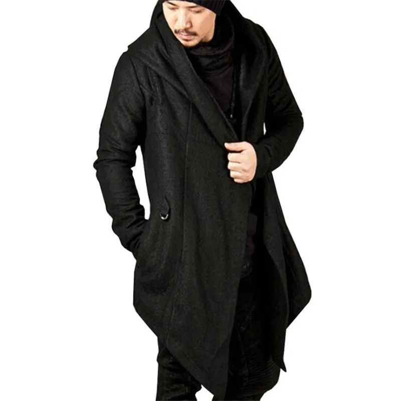 Men's hooded trench coat 2018 autumn winter fashion irregular hem solid color punk long sleeve men's personality Slim jacket Men's hooded trench coat 2018 autumn winter fashion irregular hem solid color punk long sleeve men's personality Slim jacket