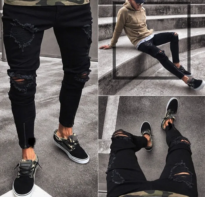New Ripped Jeans For Men Slim Biker Zipper Denim Skinny Frayed Pants Distressed Rip Trousers Black Jeans Homme Plus Size