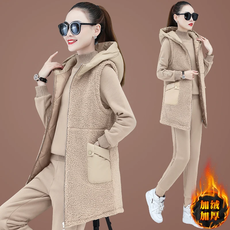 

3PCS Winter Thick Fleece Women Sportswear Tracksuit Warm Hoodie Running Jogger Outfit Casual Set Sport Suit Sweatshirt+coat+pant
