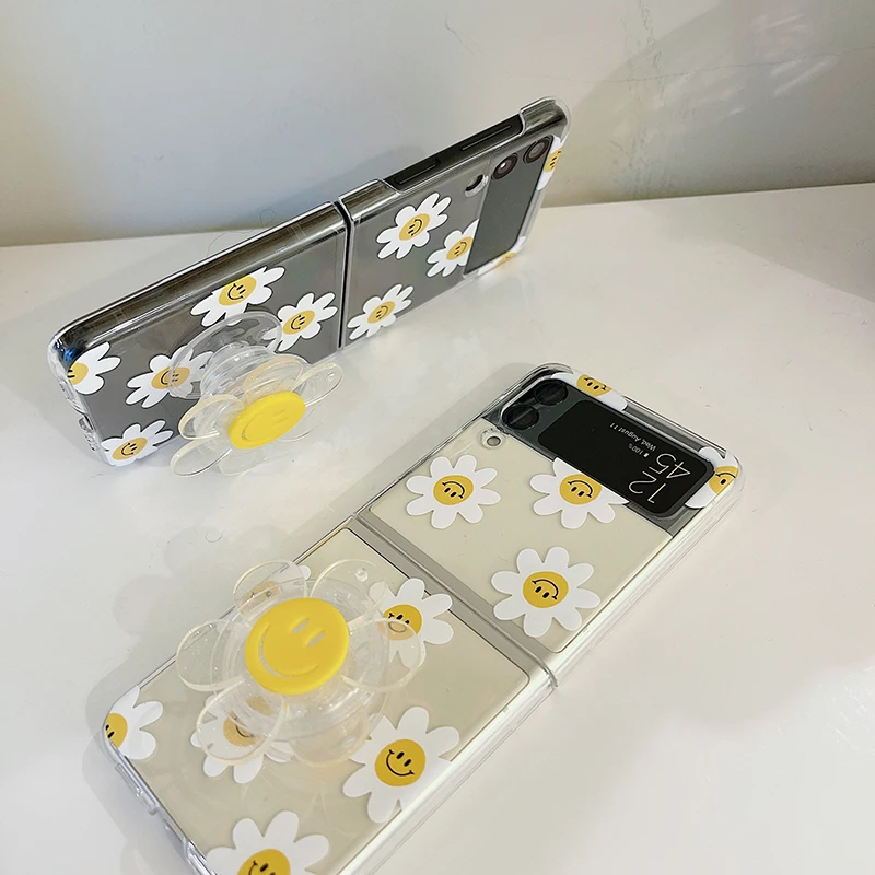 Beautiful Sunflower Phone Case For Samsung Galaxy Z Flip 3 Cute Smile Holder Clear Hard PC Cover Case For Samsung Z Flip3 Zflip3 kawaii samsung phone cases