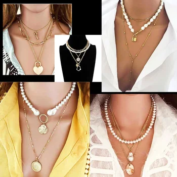 

Simple fashion jewelry wholesale Pendant Necklace Hand Beaded irregular pearl multi-layer Necklace temperament female