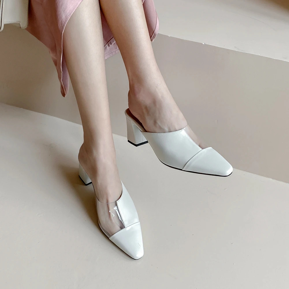 

Sarairis 2020 New Fashion Genuine Leather Square Heels Shoes Woman Pumps Mules Pointed Toe Slip-On Summer Pumps Women Shoes