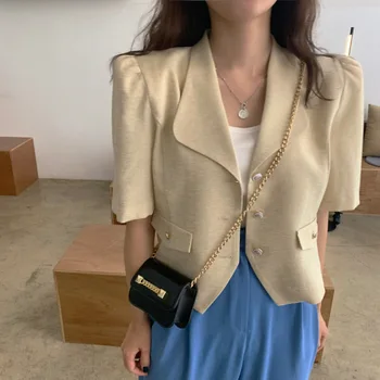 

South Korea CHIC Summer Western Style Retro Chic Fold-down Collar Design Three Buckles Loose Puff Sleeve Jacket Tops Women