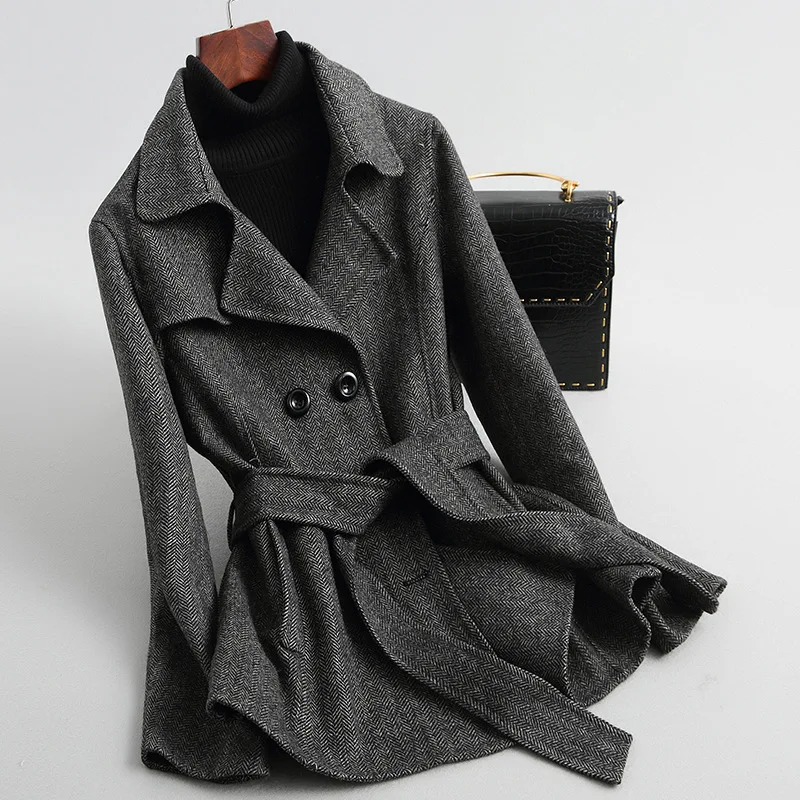 Женский 19FW двусторонний шерстяной твидовый Блейзер Полосатое облегающее пальто с узором в елочку - Цвет: Black