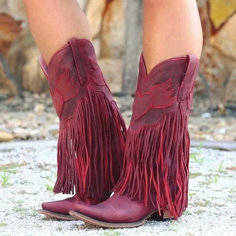 PUIMENTIUA/Модные женские ботинки из выбитая микрофибра; ковбойские ботинки с острым носком в западном стиле; женские ботинки до середины икры на массивной танкетке - Цвет: Red C