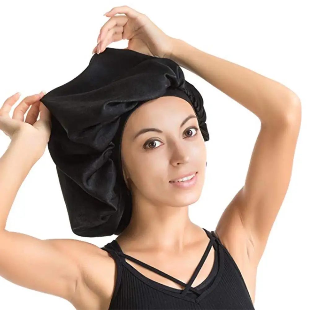 

Solid Color Shower Female Cap Super Giant Waterproof Hair Care Large Women Satin Silk Bonnet Sleep Cap Luxurious Fabric Premium