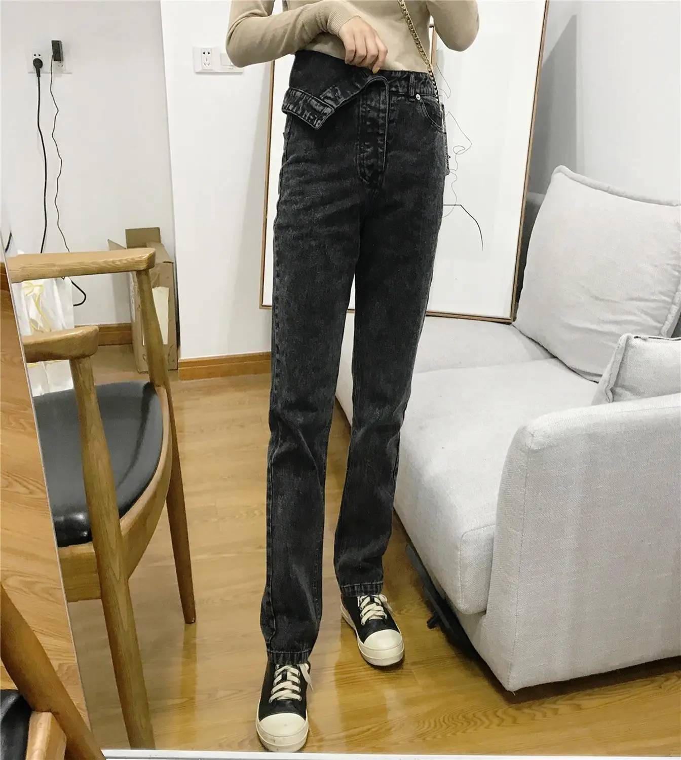 Star firefly streetwear wild irregular high waist pencil pants female casual slim oblique black jeans women