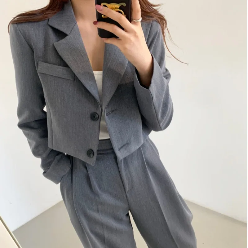 Retro Long Sleeve Lapel Grey Blazers Short Jacket Top High Waist Casual Tailored Trousers Fashion Black Pant Suits Autumn Wild |