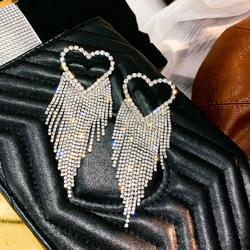 

925 Silver Europe And America Exaggeration Full of Crystals Tassels Heart Earrings Luxury Long Earrings Online Celebrity Cool Fa