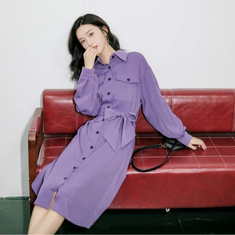 Women Clothes Spring Autumn Purple Solid Single-breasted Lace Up Elegant Casual Loose Lapel A-Line Shirt Long Dresses Vestidos